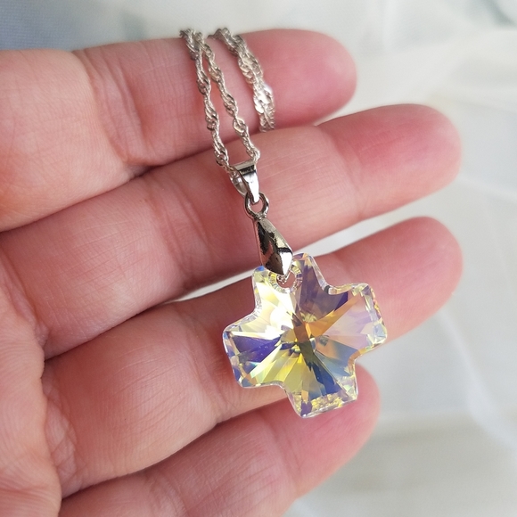 Swarovski Elements 925 Sterling Silver Aurora Borealis Cross Necklace NWT - Picture 3 of 11